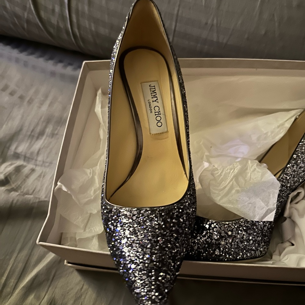 Jimmy Choo Silver Glitter Pointed-Toe Stilettos - Picture 8 of 10